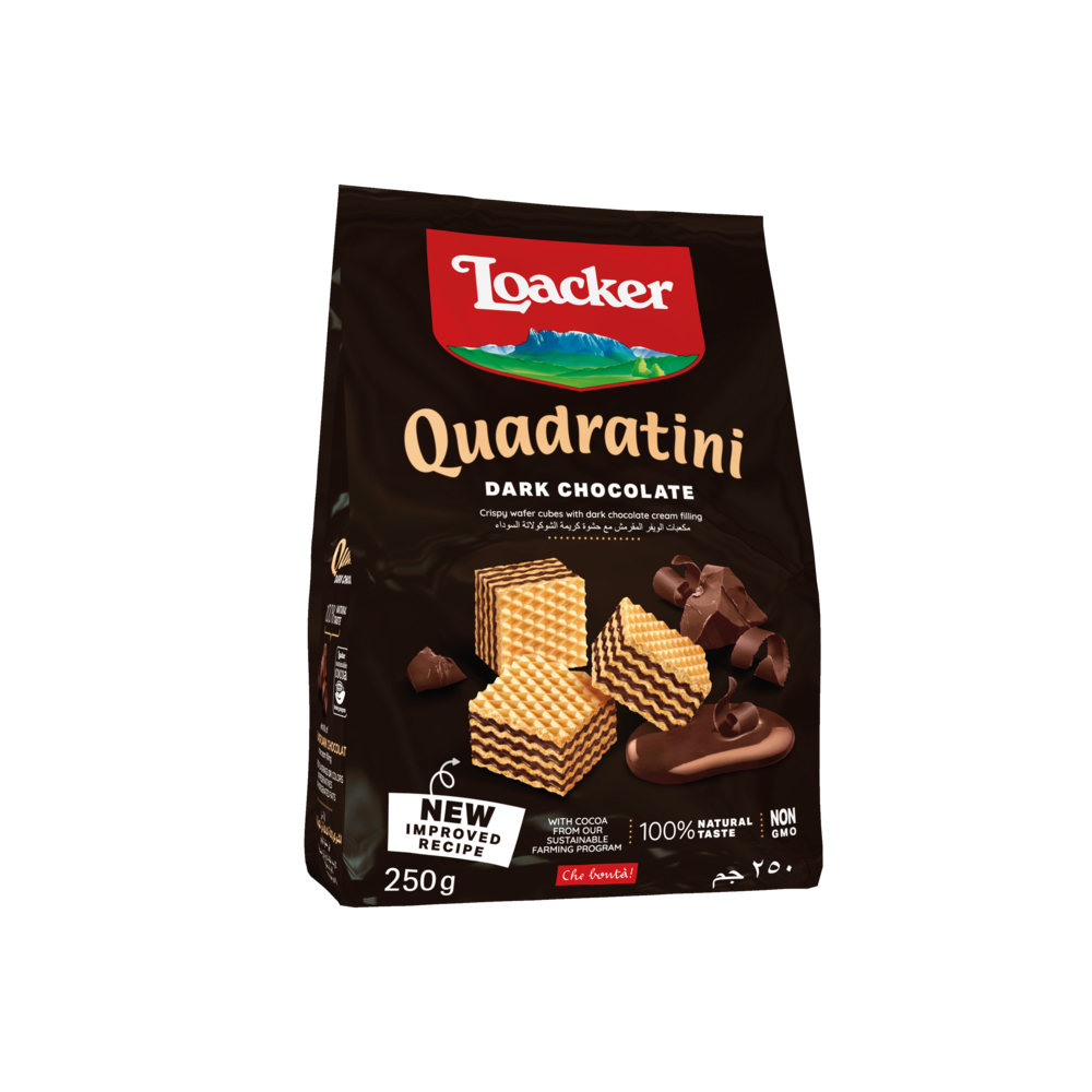 Loacker Quadratini Dark Chocolate Crispy Wafer Cubes With Dark Chocolate Cream Filling Pouch 250Gm