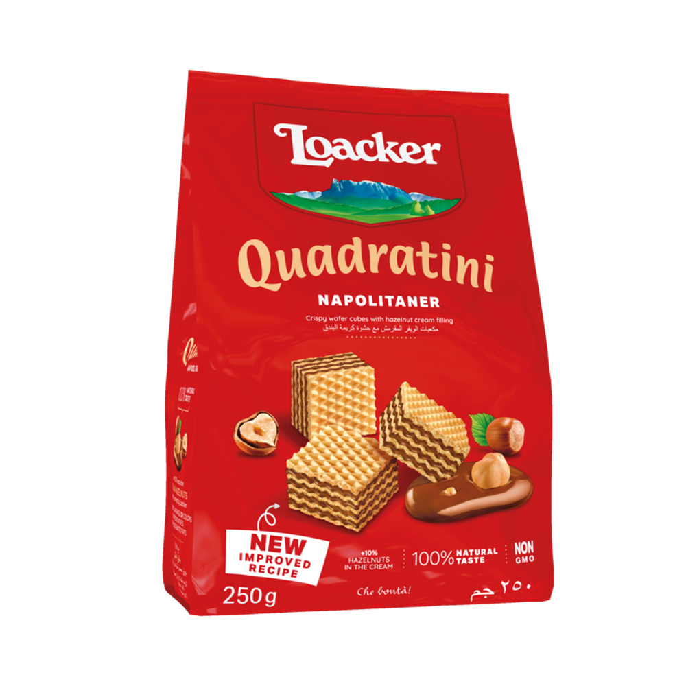 Loacker Quadratini Napolitaner Crispy Wafer Cubes With Hazelnut Cream Filling Pouch 250Gm