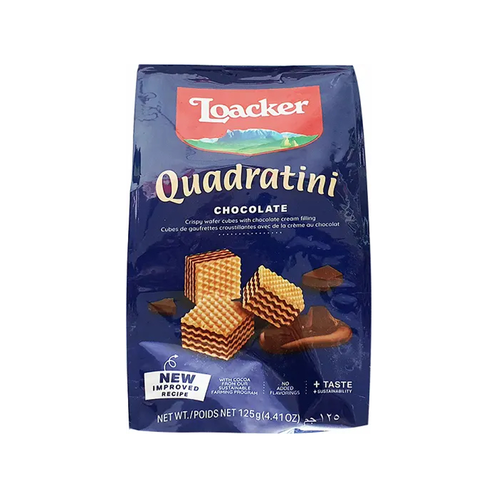 Loacker Quadratini Chocolate Crispy Wafer Cubes With Chocolate Cream Filling Pouch 125Gm