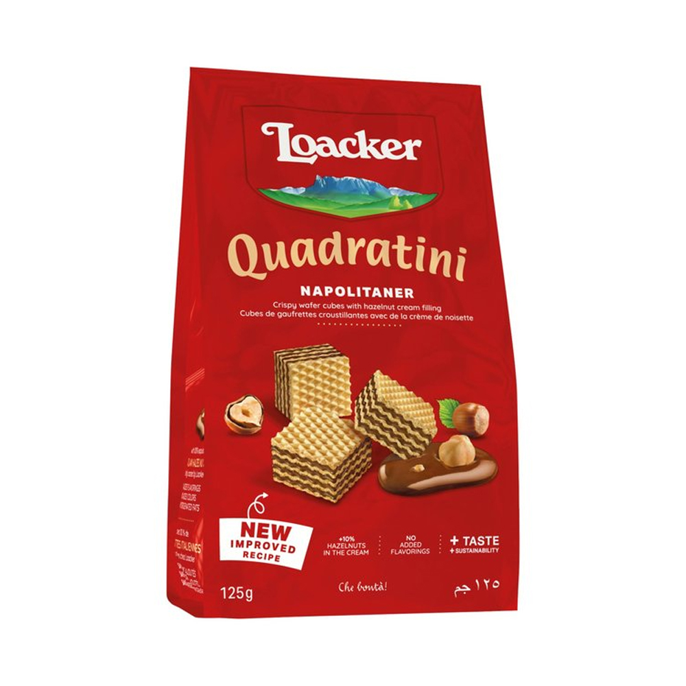 Loacker Quadratini Napolitaner Crispy Wafer Cubes With Hazelnut Cream Filling Pouch 125Gm