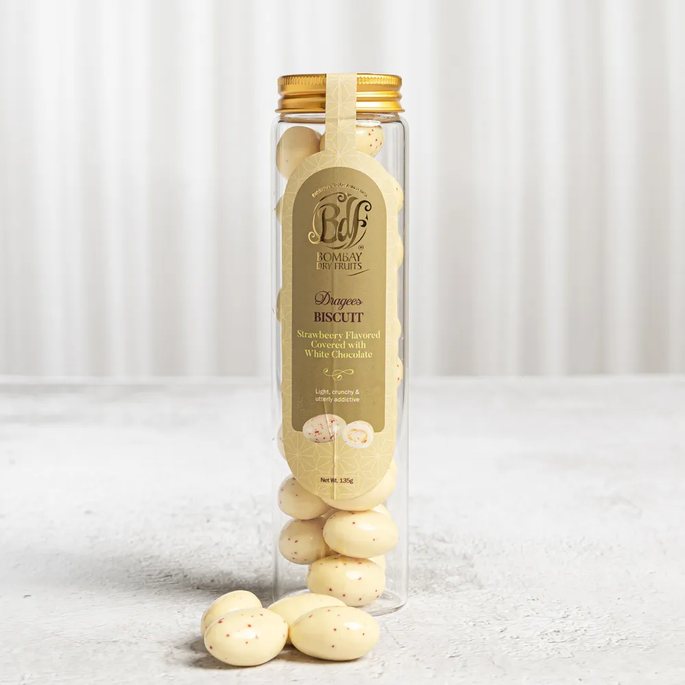 Dragees Biscuit Strawberry Flavored Covered With White Chocolate